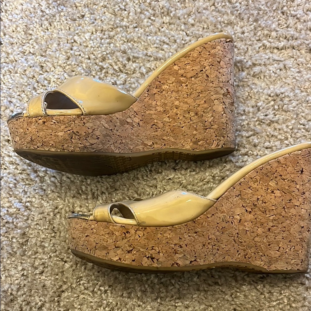 Jimmy Choo Tan Patent Wedge Sandals - Picture 6 of 7